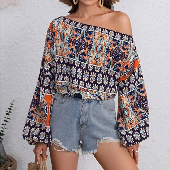 Boho floral print off shoulder lantern sleeve blouse - Picture 11 of 16